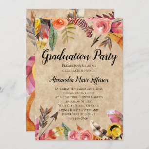 Feathers Arrows Flowers Rustic Graduation Party Invitation