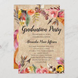 Feathers Arrows Flowers Rustic Graduation Party Invitation