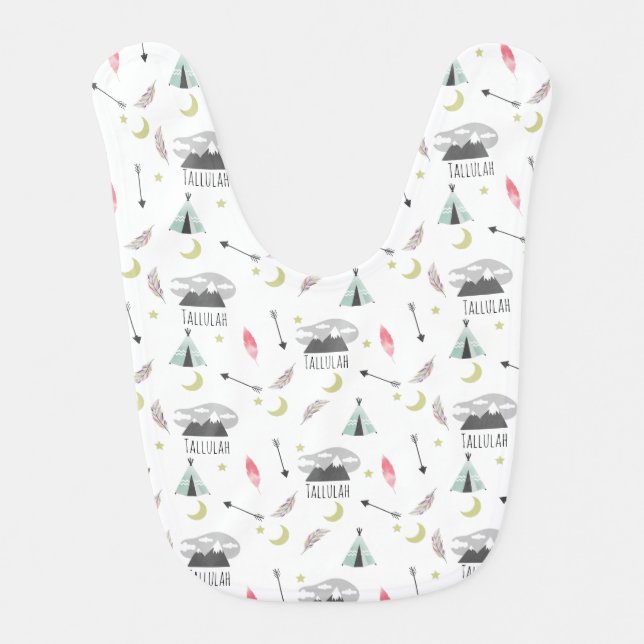 Feathers Arrows Tipi Mountains Baby Girl Bib (Front)