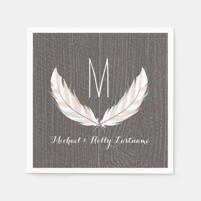 Feathers + Barn Wood Monogram Wedding Napkins (Front)
