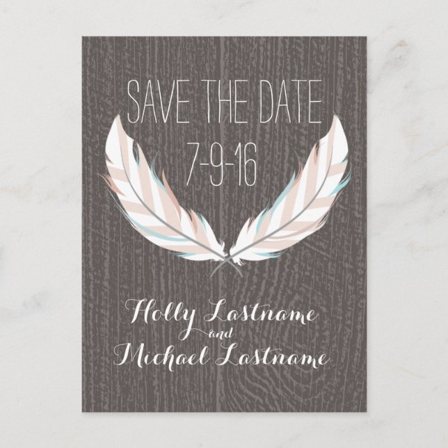 Feathers + Barn Wood Wedding Save The Date Announcement Postcard (Front)