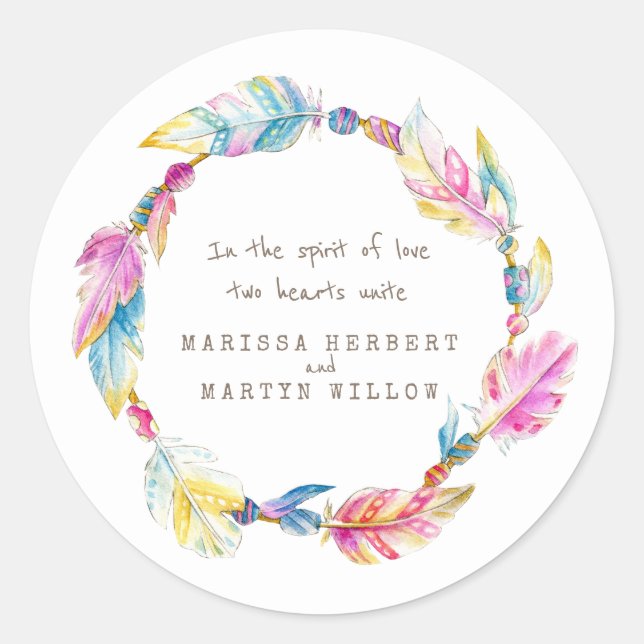 Feathers beads watercolor wedding stickers (Front)