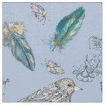 Feathers Birds Leaves Drawing Nature Blue Fabric