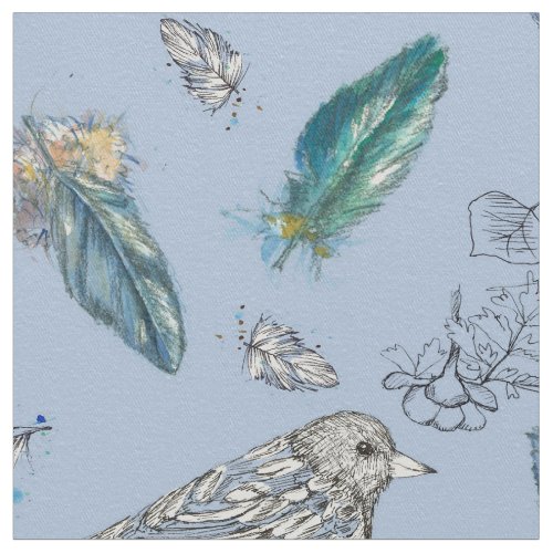 Feathers Birds Leaves Drawing Nature Blue Fabric