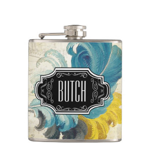 Feathers Black Blue Yellow Hipster Pattern Flask