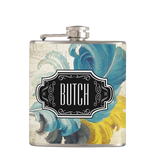 Feathers Black Blue Yellow Hipster Pattern Flask (Front)