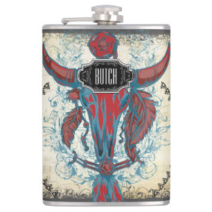Feathers Black Red Blue Cow Skull Floral Tribal Flask