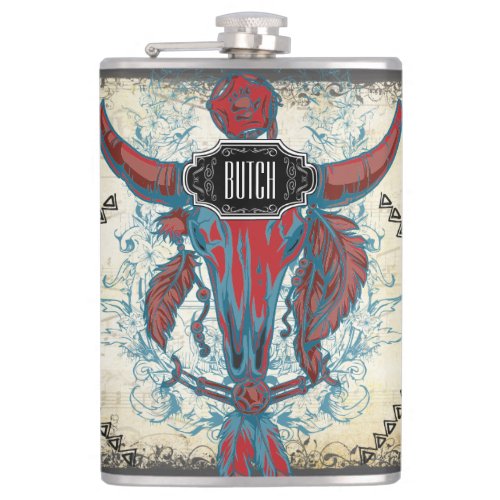 Feathers Black Red Blue Cow Skull Floral Tribal Flask
