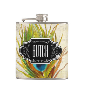 Feathers Black Red Yellow Hipster Pattern Flask