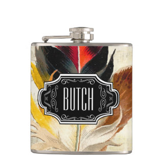 Feathers Black Red Yellow Hipster Pattern Hip Flask