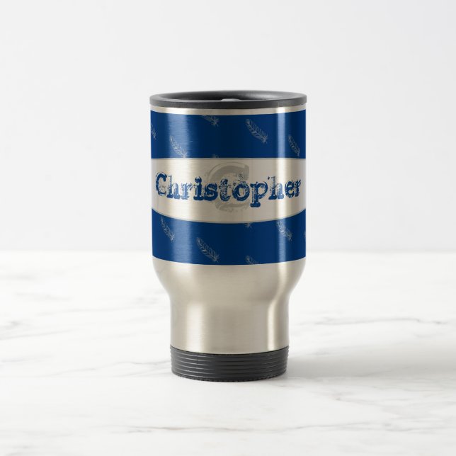 Feathers Blue Typography Name Monogram Template Travel Mug (Center)