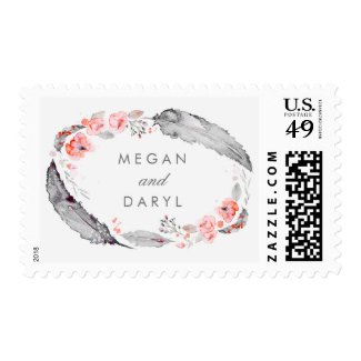 Feathers Bohemian Gray and Pink Wedding Postage Stamps at UniqueRusticWeddingInvitations.com