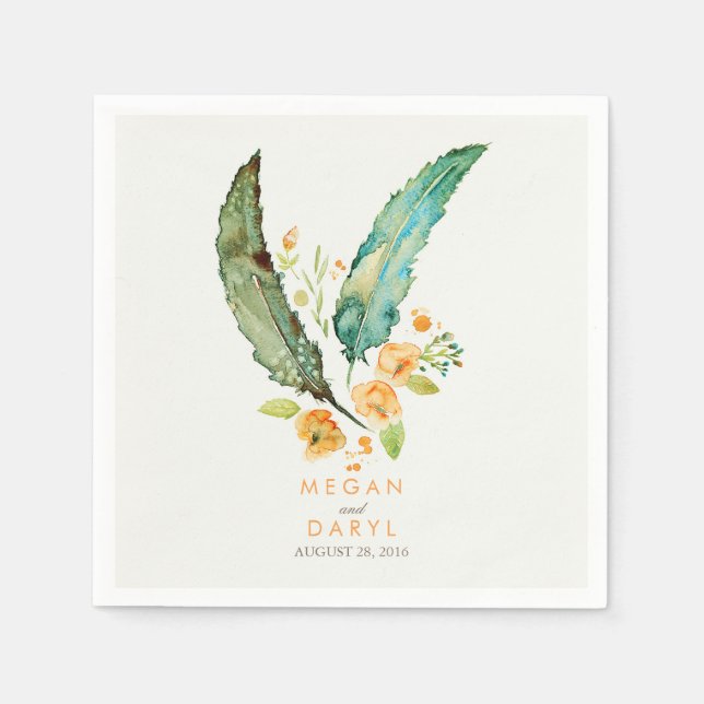 Feathers Bohemian Teal Wedding Napkins (Front)