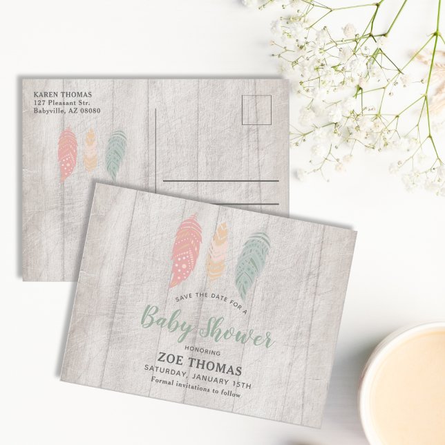 Feathers Boho Baby Shower Save The Date Invitation Postcard