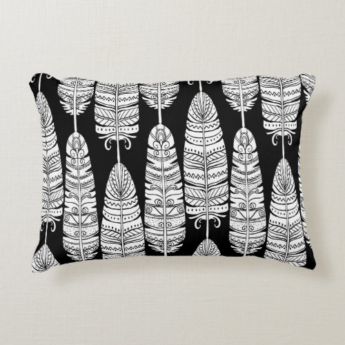 Feathers boho black and white pattern accent pillow