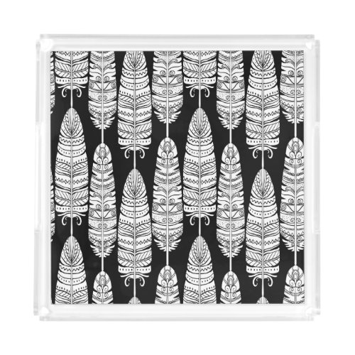 Feathers boho black and white pattern acrylic tray