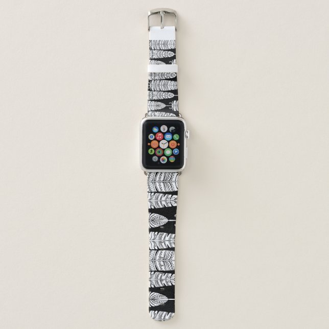 Feathers boho: black and white pattern apple watch band (Front)