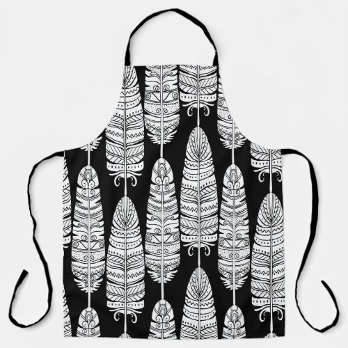 Feathers boho black and white pattern apron