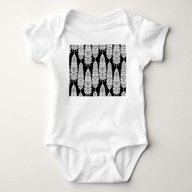 Feathers boho: black and white pattern baby bodysuit (Front)