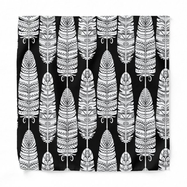 Feathers boho: black and white pattern bandana (Front)