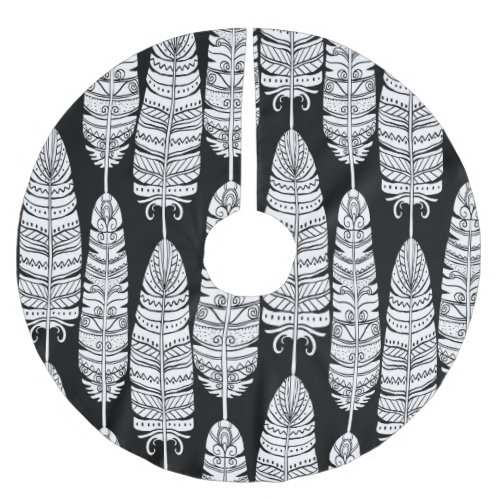 Feathers boho black and white pattern brushed polyester tree skirt