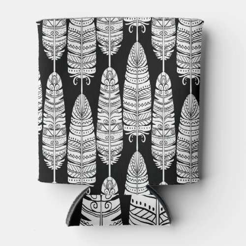 Feathers boho black and white pattern can cooler