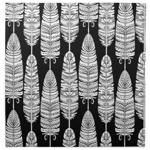 Feathers boho black and white pattern cloth napkin