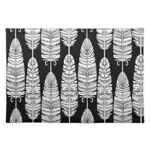 Feathers boho: black and white pattern cloth placemat