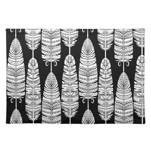 Feathers boho: black and white pattern cloth placemat (Front)