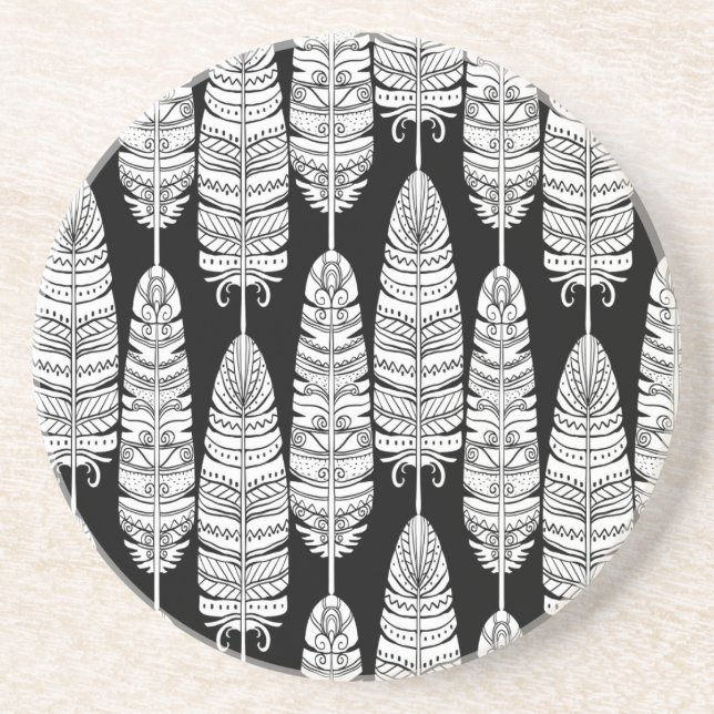 Feathers boho: black and white pattern coaster (Front)