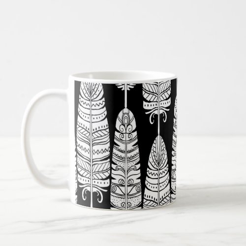 Feathers boho black and white pattern coffee mug