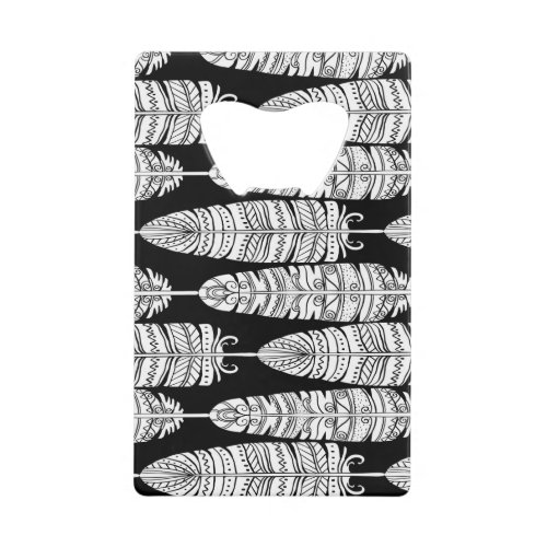 Feathers boho black and white pattern credit card bottle opener