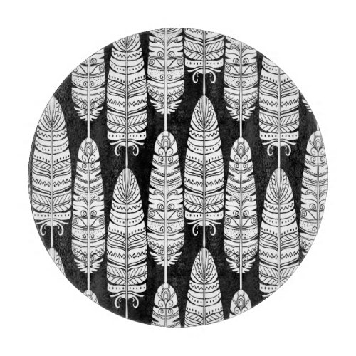 Feathers boho black and white pattern cutting board