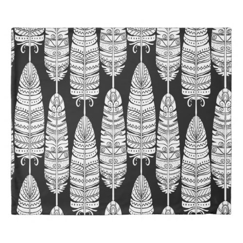 Feathers boho black and white pattern duvet cover