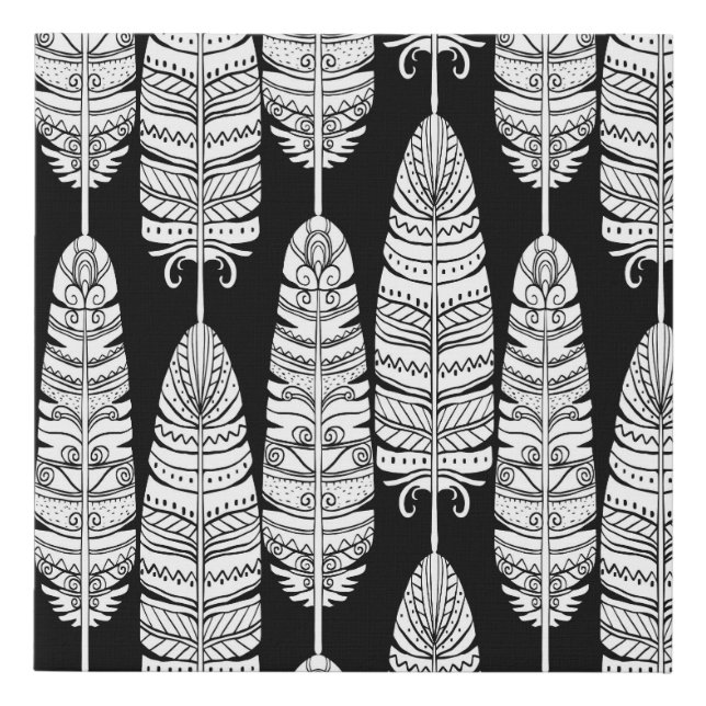 Feathers boho: black and white pattern faux canvas print (Front)