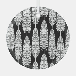 Feathers boho: black and white pattern glass ornament