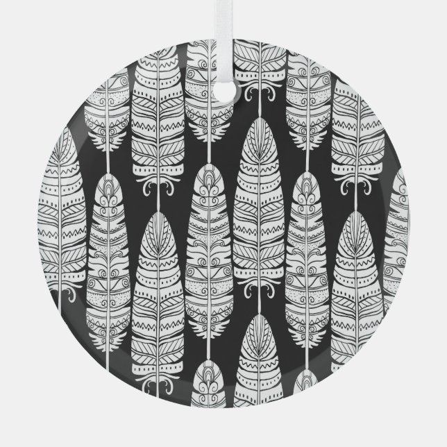 Feathers boho: black and white pattern glass ornament (Front)