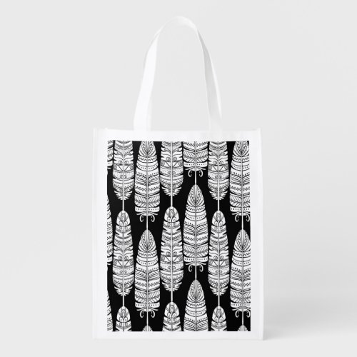 Feathers boho black and white pattern grocery bag