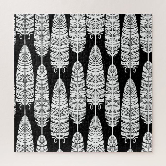 Feathers boho: black and white pattern jigsaw puzzle (Vertical)