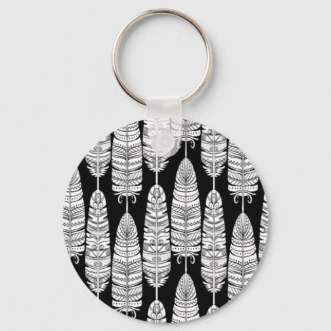 Feathers boho: black and white pattern keychain (Front)