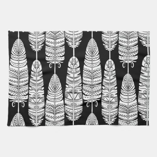 Feathers boho black and white pattern kitchen towel