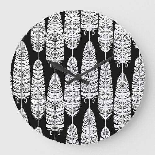 Feathers boho black and white pattern large clock