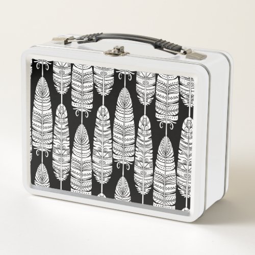 Feathers boho black and white pattern metal lunch box