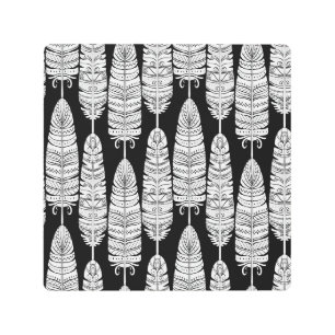 Feathers boho: black and white pattern metal print