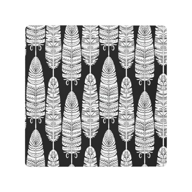 Feathers boho: black and white pattern metal print (Front)