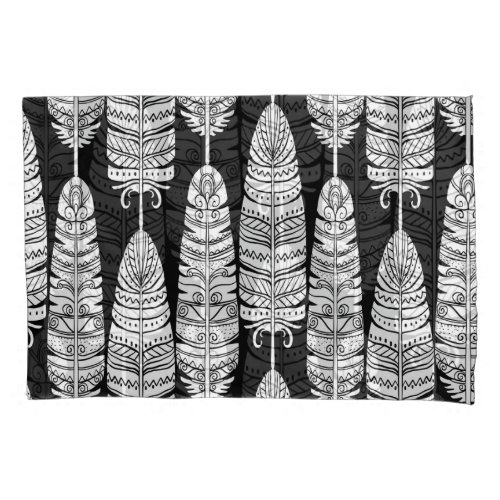 Feathers boho black and white pattern pillow case