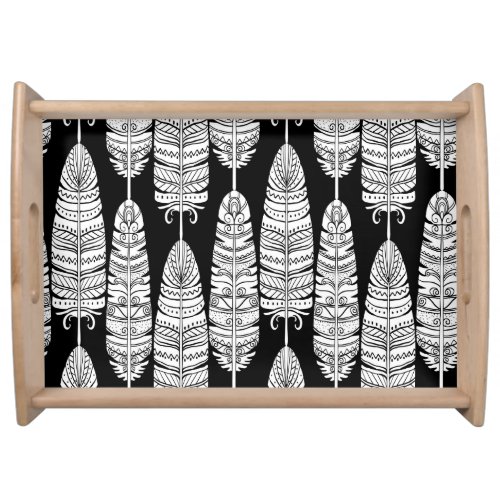 Feathers boho black and white pattern serving tray