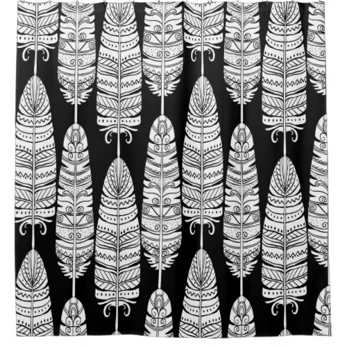 Feathers boho black and white pattern shower curtain