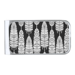 Feathers boho: black and white pattern silver finish money clip