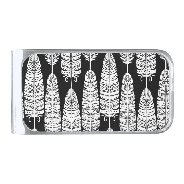 Feathers boho: black and white pattern silver finish money clip (Front)
